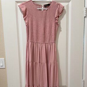 ZESICA Summer Casual Flutter Short Sleeve Crew Neck Dress - Dark Pink